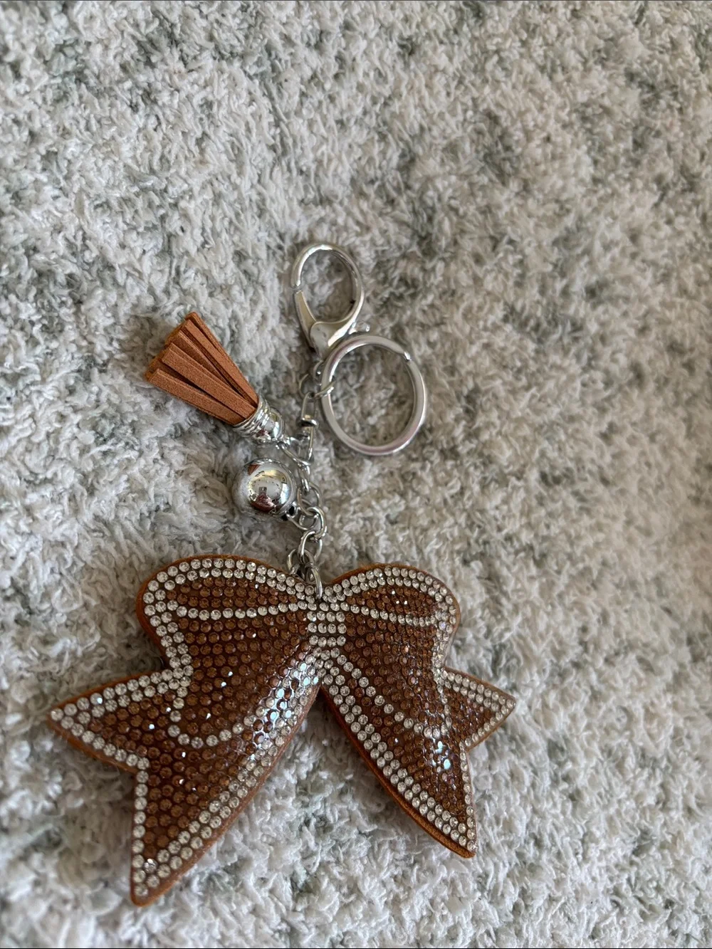Western Rhinestone Bow Keychain with Tassel - Brown NWT 6”
